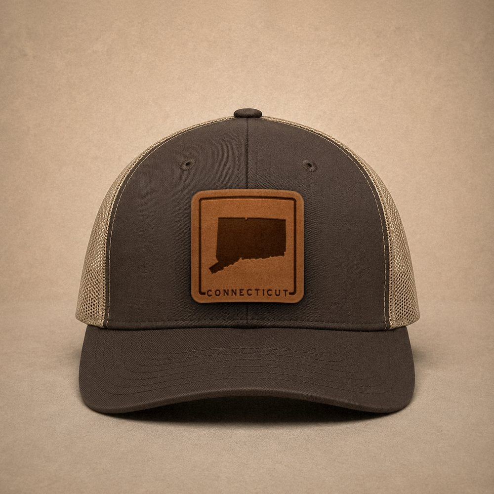 Brown Connecticut hats — Connecticut Outline Leather Patch Trucker Hat