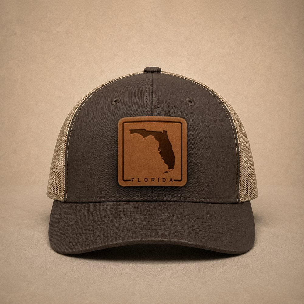 Brown Florida hats — Florida Outline Leather Patch Trucker Hat