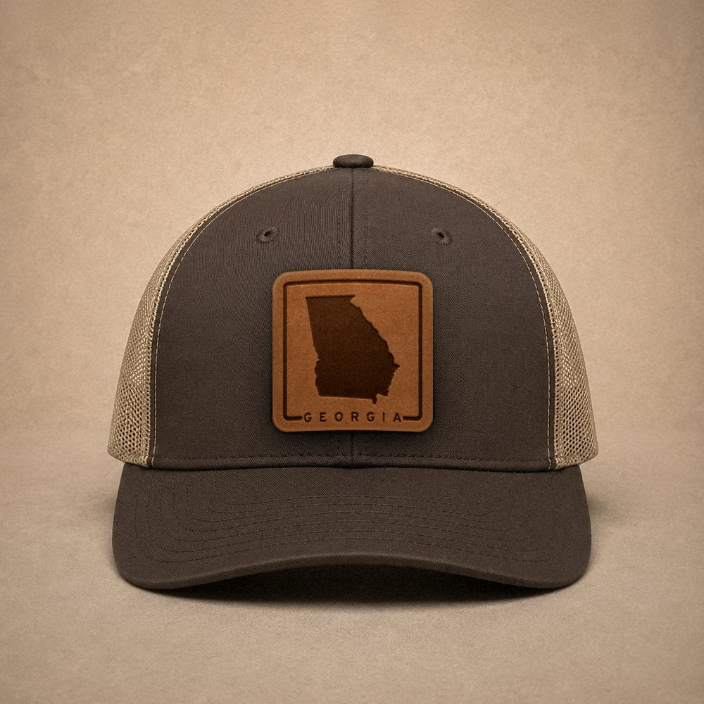 Brown Georgia hats — Georgia Outline Leather Patch Trucker Hat