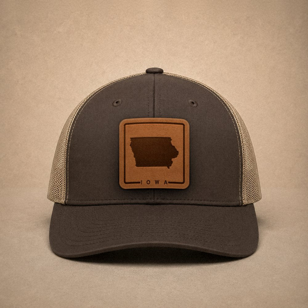 Brown Iowa hats — Iowa Outline Leather Patch Trucker Hat