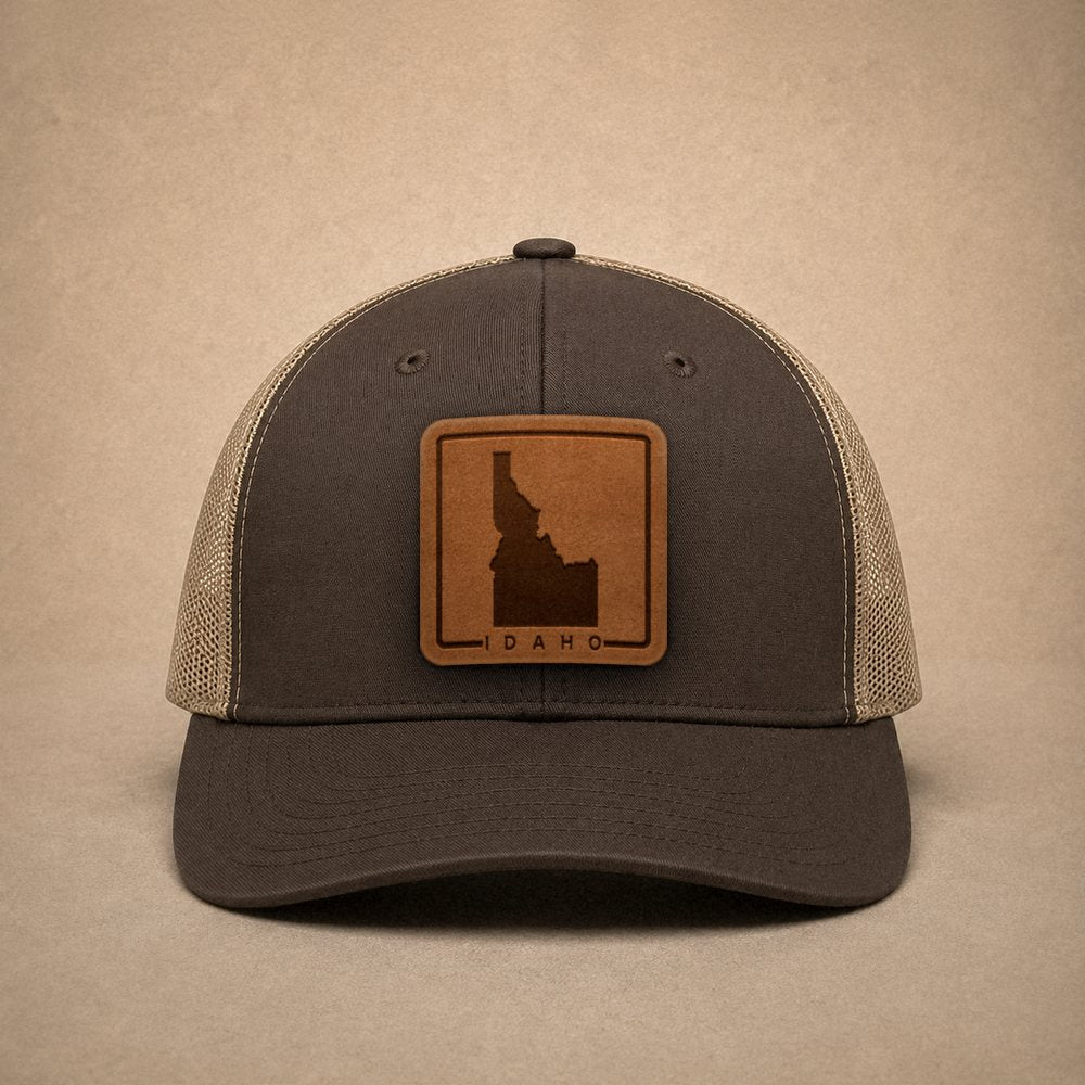 Brown Idaho hats — Idaho Outline Leather Patch Trucker Hat