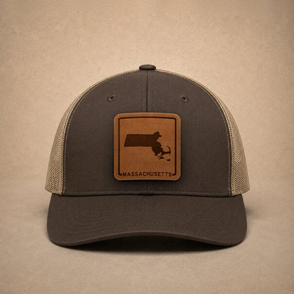 Brown Massachusetts hats — Massachusetts Outline Leather Patch Trucker Hat