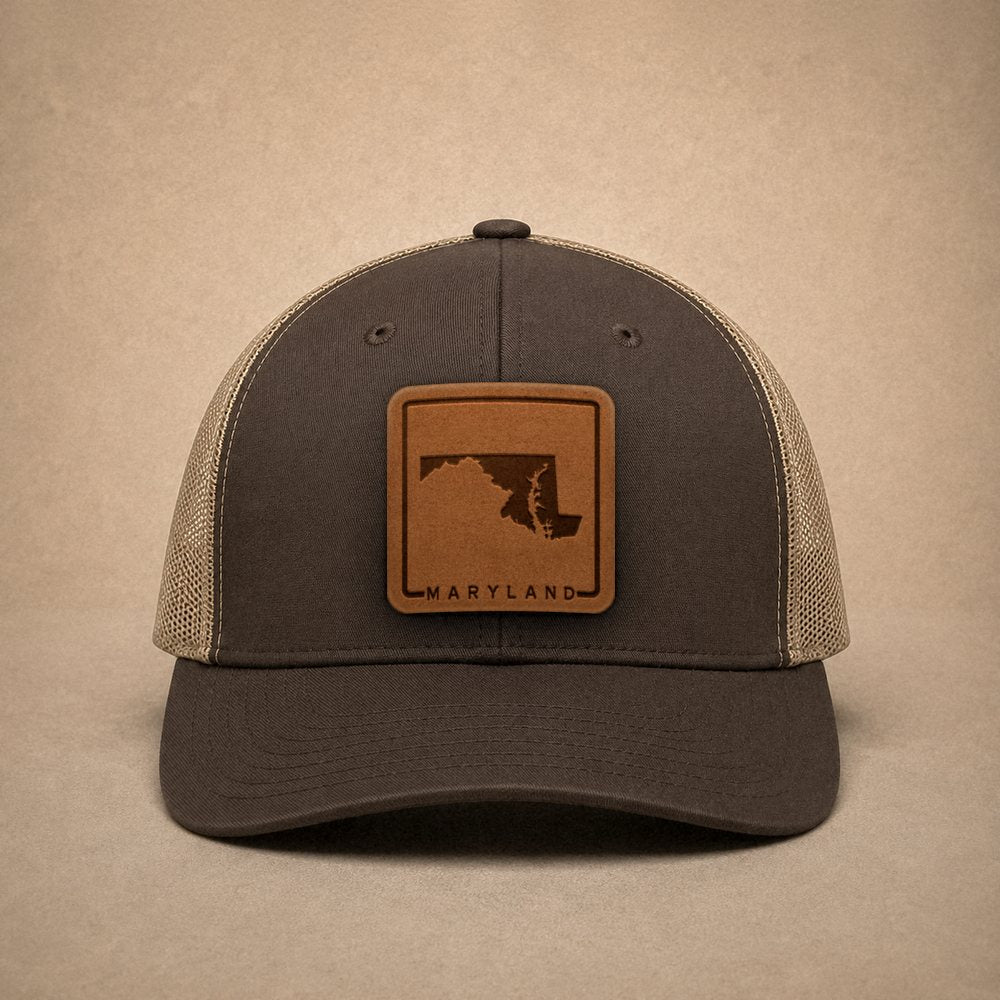 Brown Maryland hats — Maryland Outline Leather Patch Trucker Hat