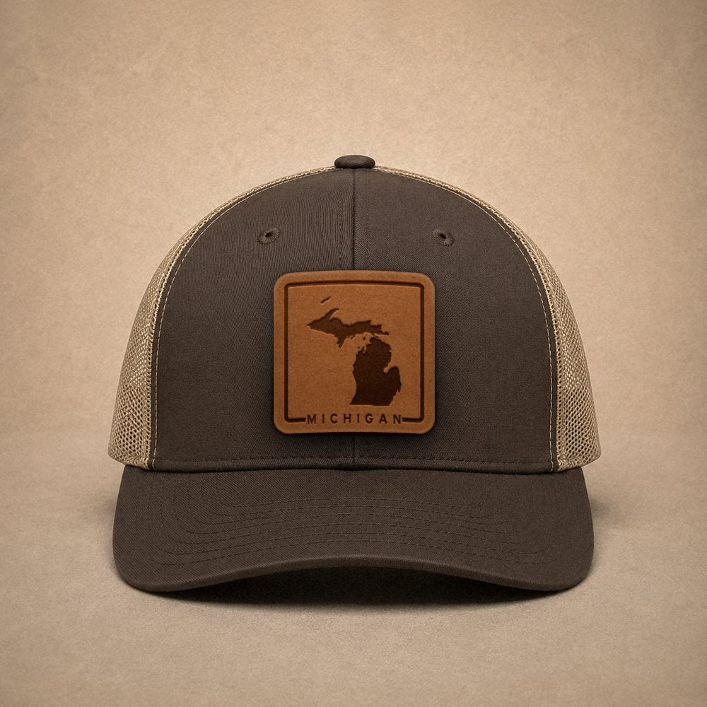 Brown Michigan hats — Michigan Outline Leather Patch Trucker Hat