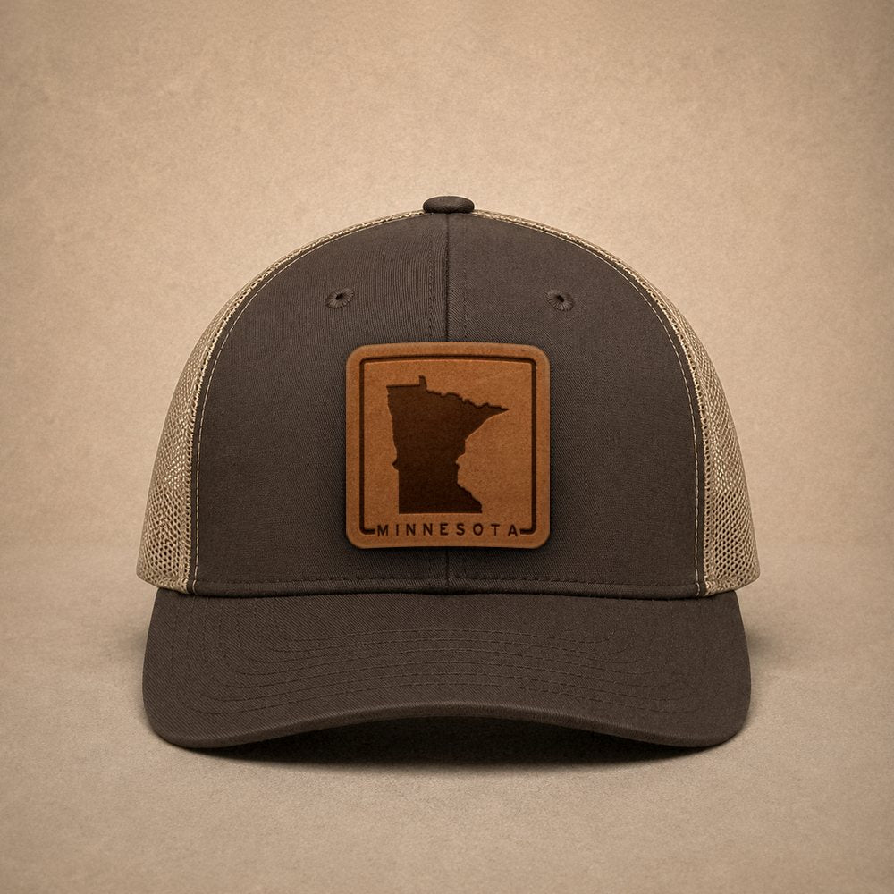 Brown Minnesota hats — Minnesota Outline Leather Patch Trucker Hat