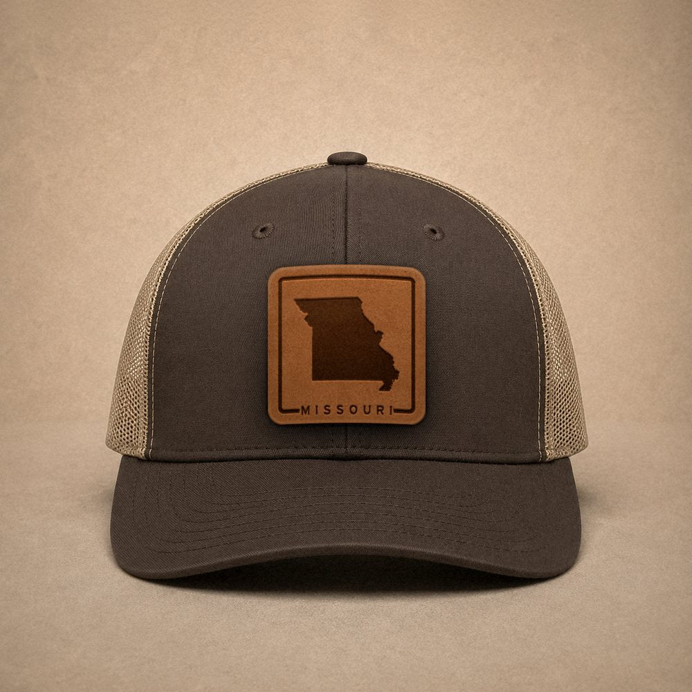Brown Missouri hats — Missouri Outline Leather Patch Trucker Hat
