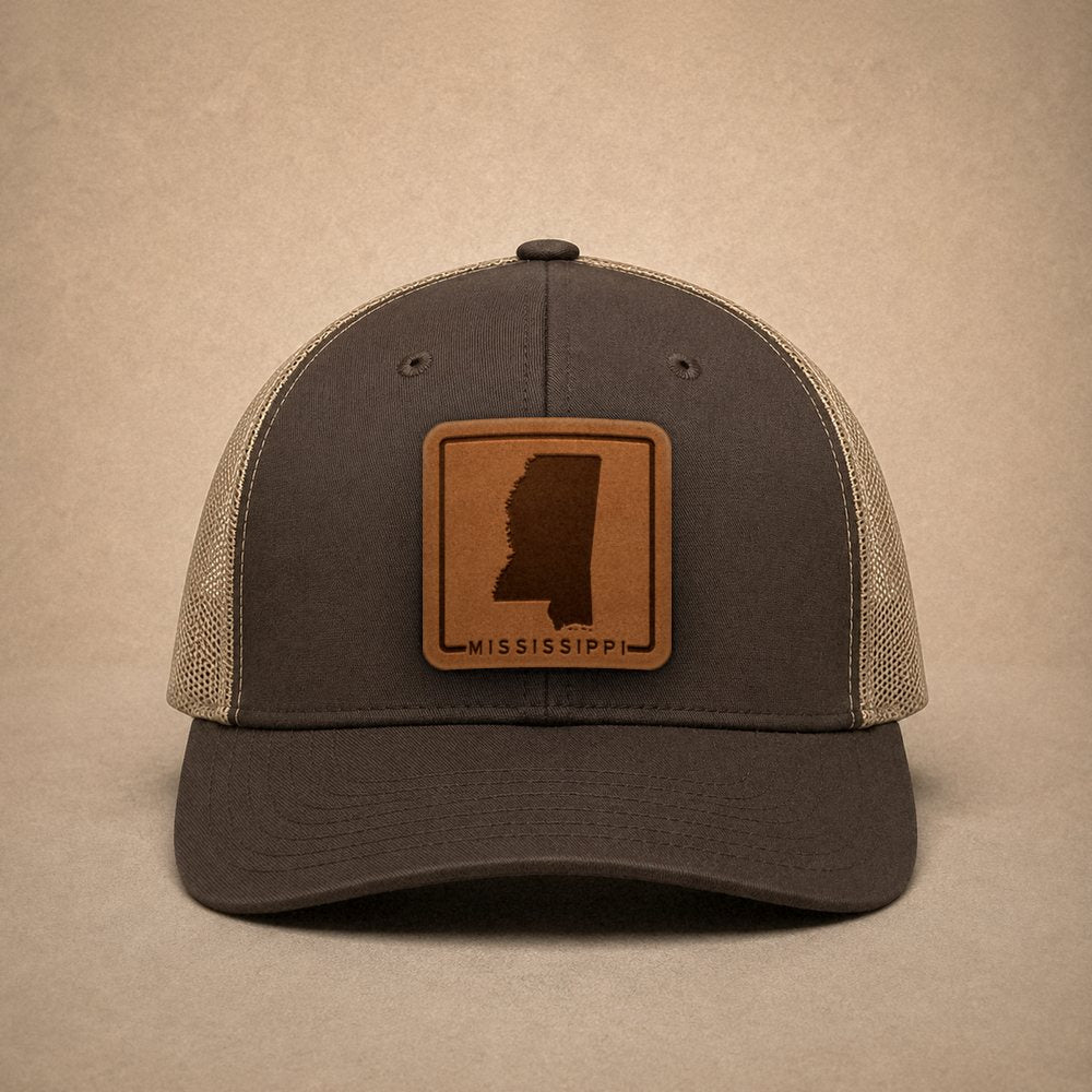 Brown Mississippi hats — Mississippi Outline Leather Patch Trucker Hat