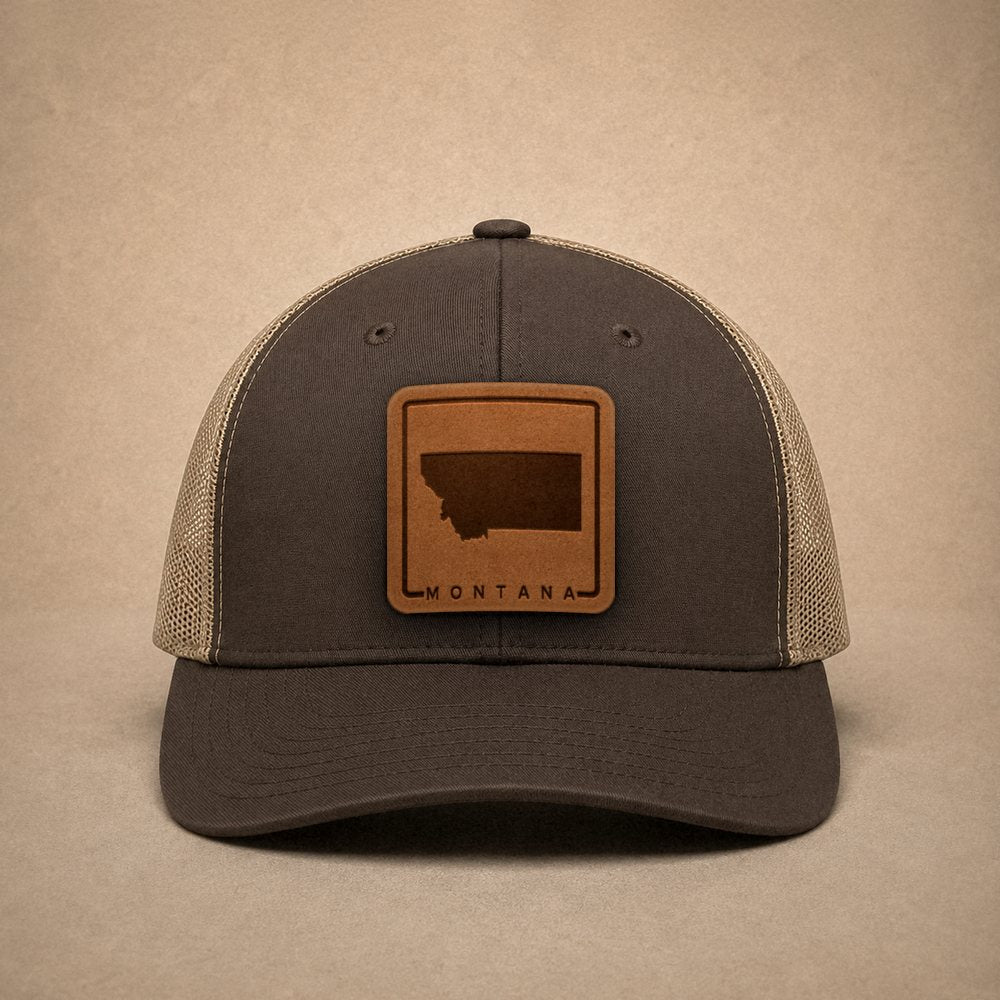 Brown Montana hats — Montana Outline Leather Patch Trucker Hat