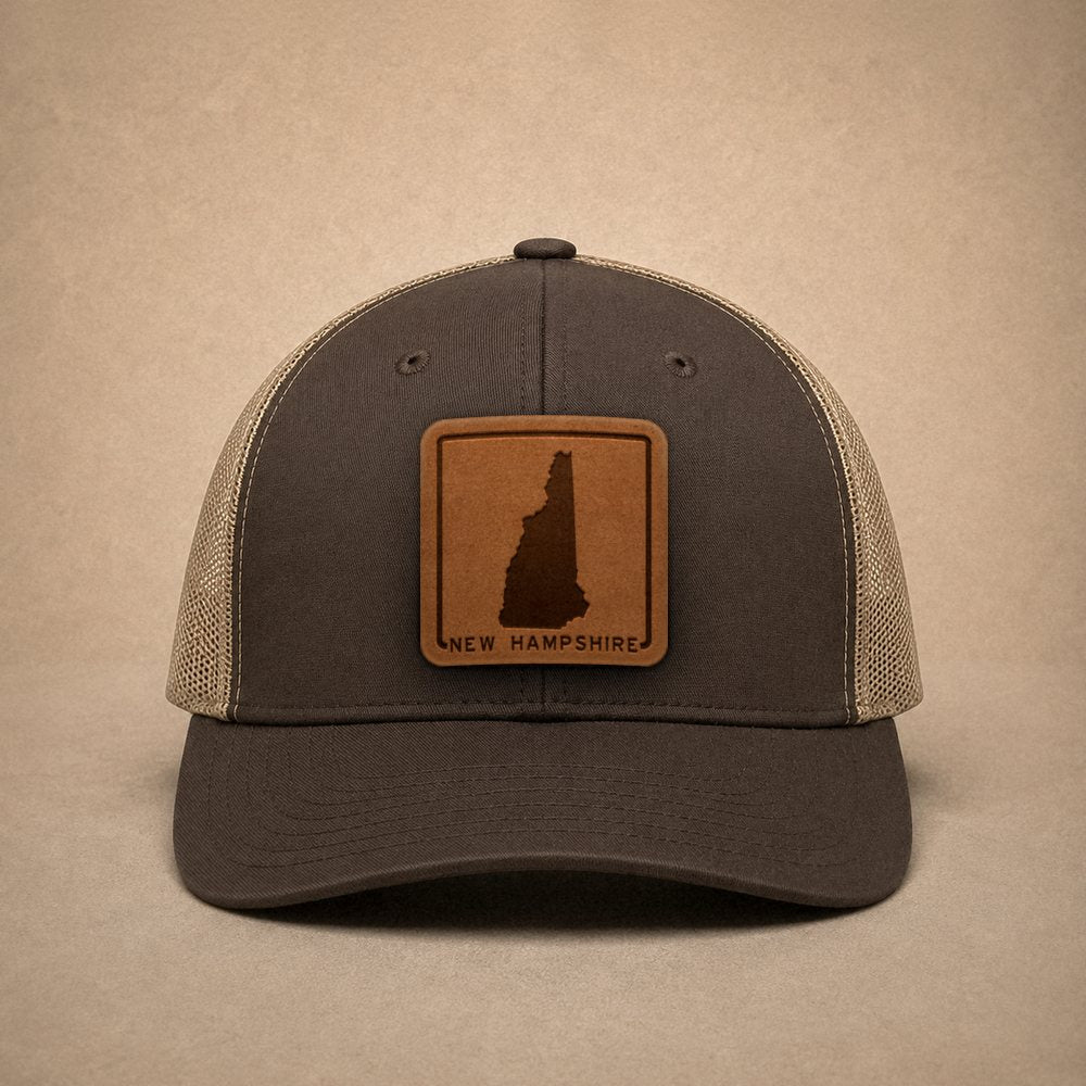 Brown New Hampshire hats — New Hampshire Outline Leather Patch Trucker Hat