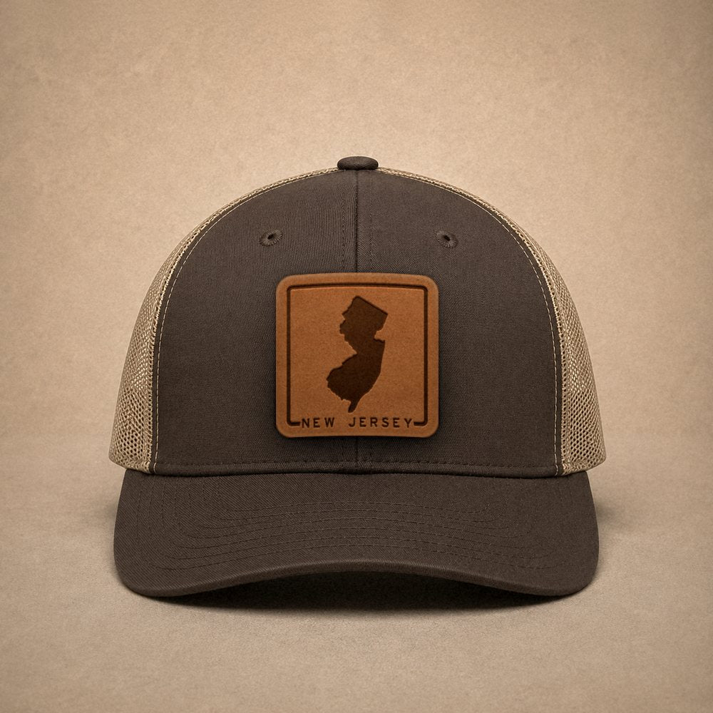 Brown New Jersey hats — New Jersey Outline Leather Patch Trucker Hat