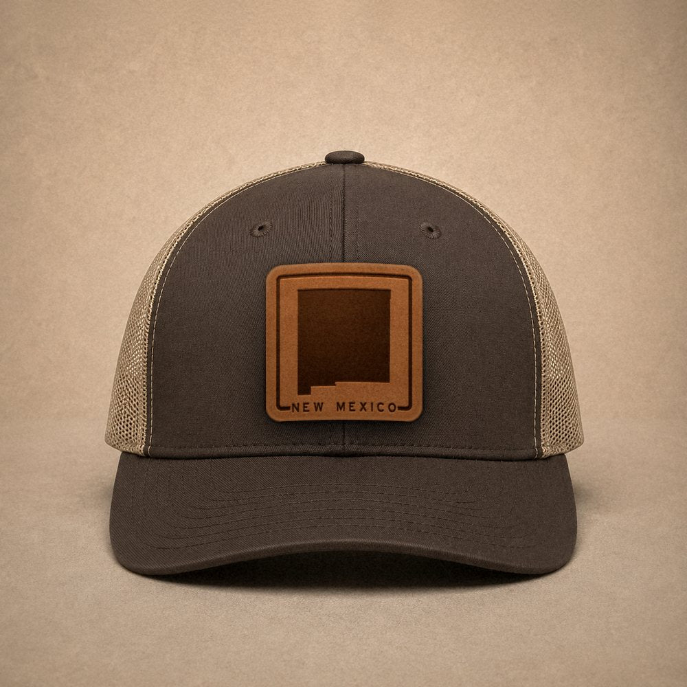 Brown New Mexico hats — New Mexico Outline Leather Patch Trucker Hat