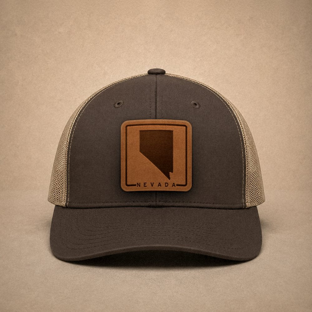 Brown Nevada hats — Nevada Outline Leather Patch Trucker Hat
