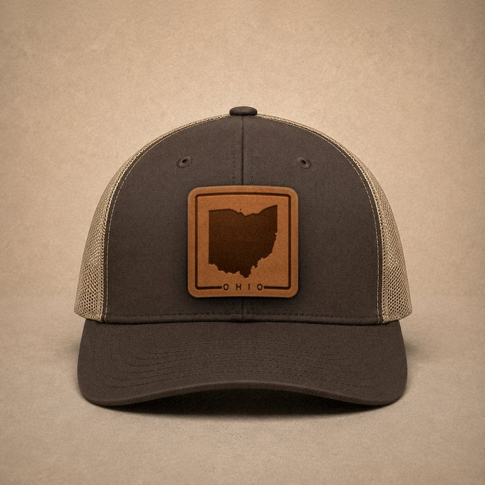Brown Ohio hats — Ohio Outline Leather Patch Trucker Hat