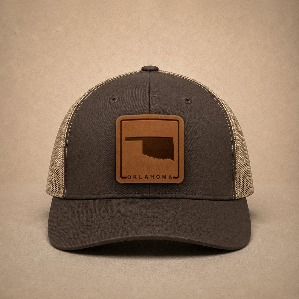 Brown Oklahoma hats — Oklahoma Outline Leather Patch Trucker Hat