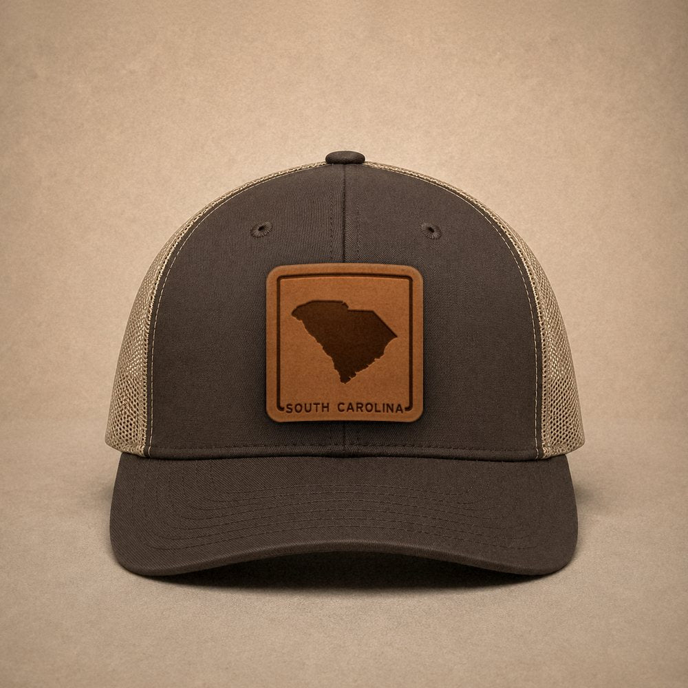 Brown South Carolina hats — South Carolina Outline Leather Patch Trucker Hat