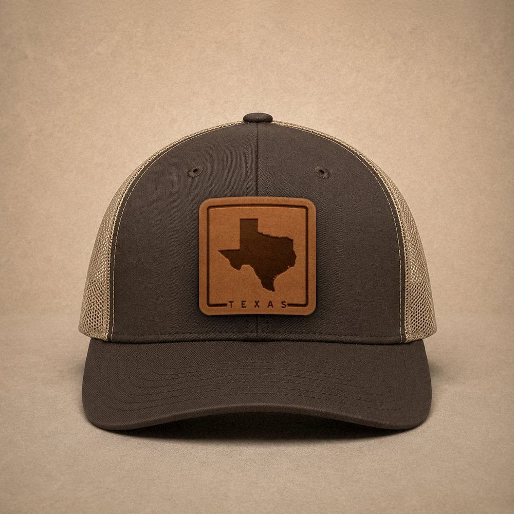 Brown Texas hats — Texas Outline Leather Patch Trucker Hat