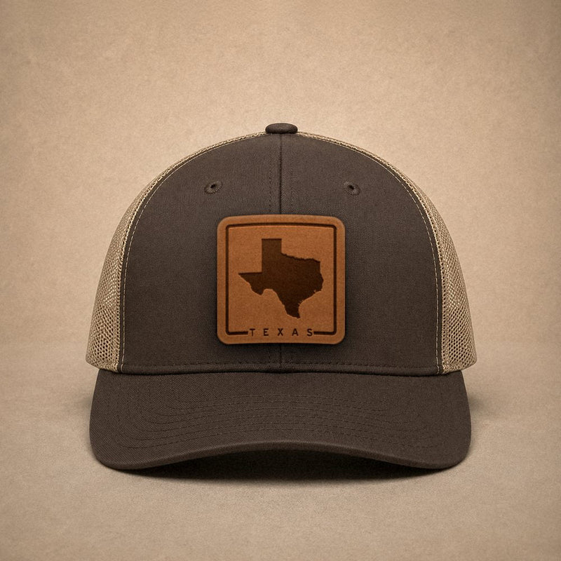Brown Texas hats — Texas Outline Leather Patch Trucker Hat