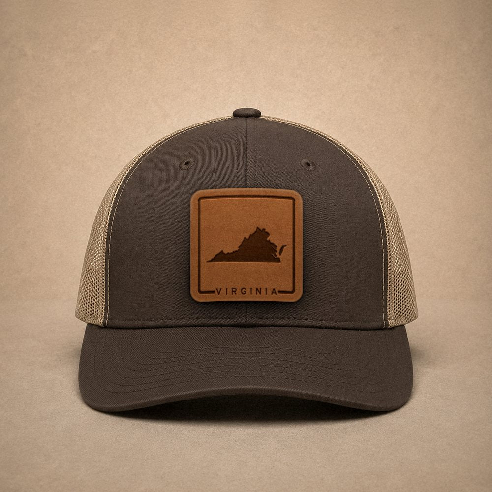 Brown Virginia hats — Virginia Outline Leather Patch Trucker Hat