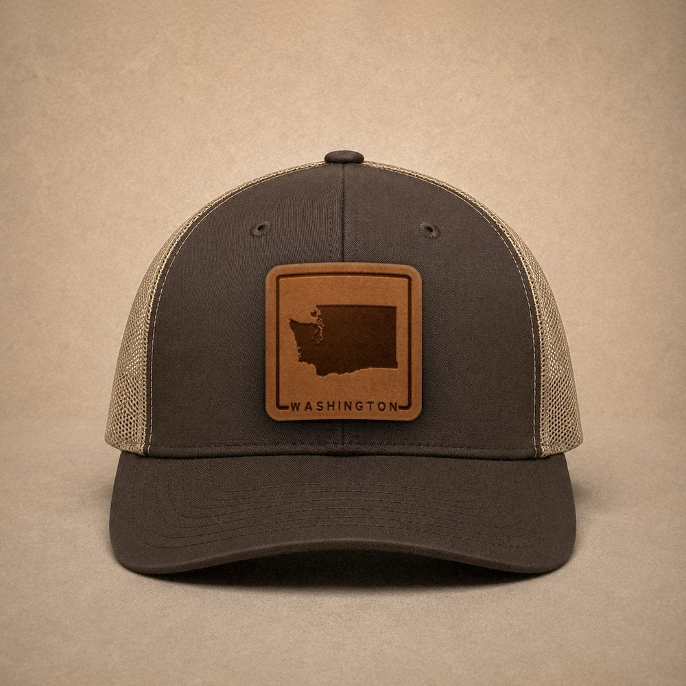 Brown Washington hats — Washington Outline Leather Patch Trucker Hat