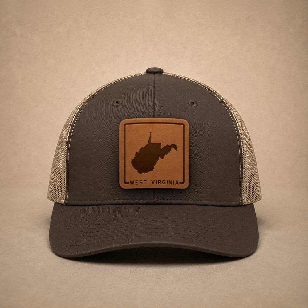 Brown West Virginia hats — West Virginia Outline Leather Patch Trucker Hat