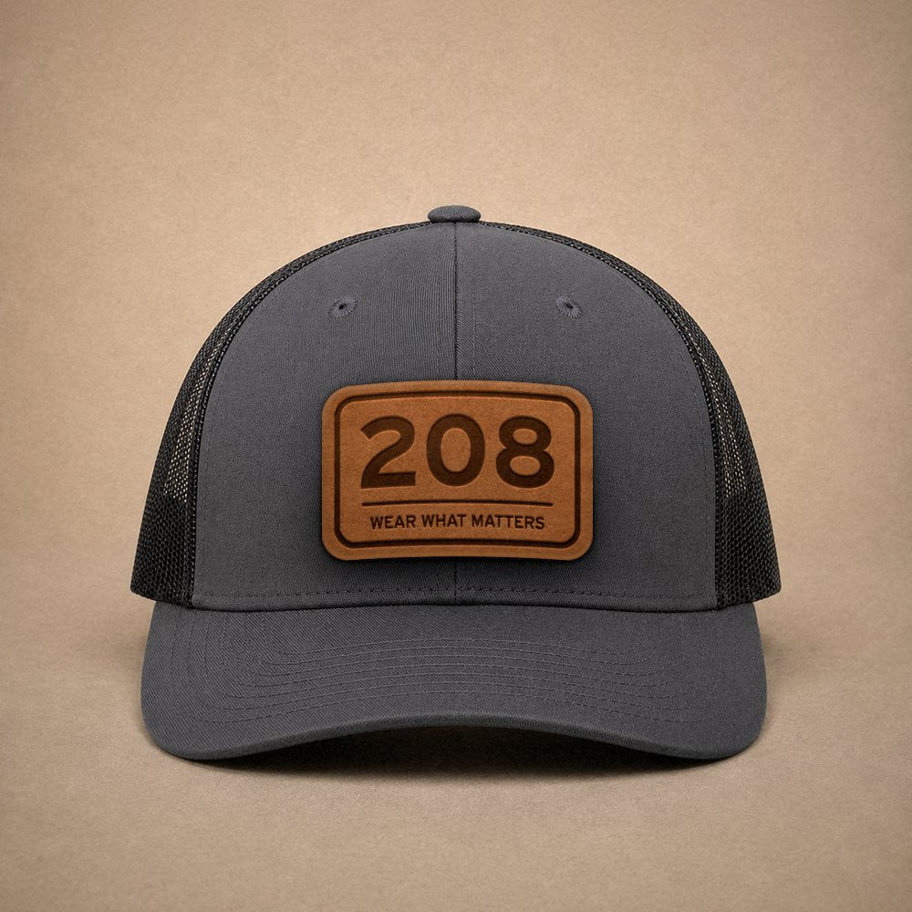 Charcoal Idaho hats — Idaho 208 Leather Patch Trucker Hat