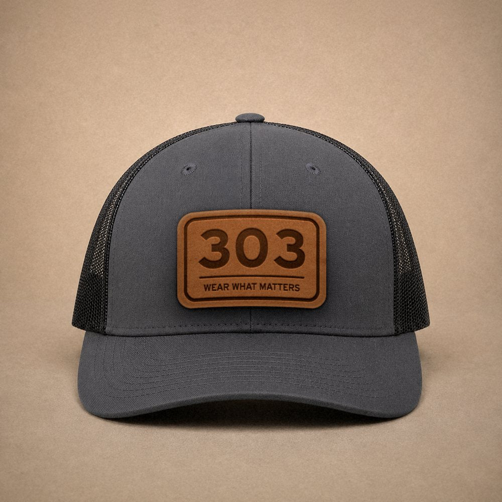 Charcoal Denver hats — Denver 303 Leather Patch Trucker Hat