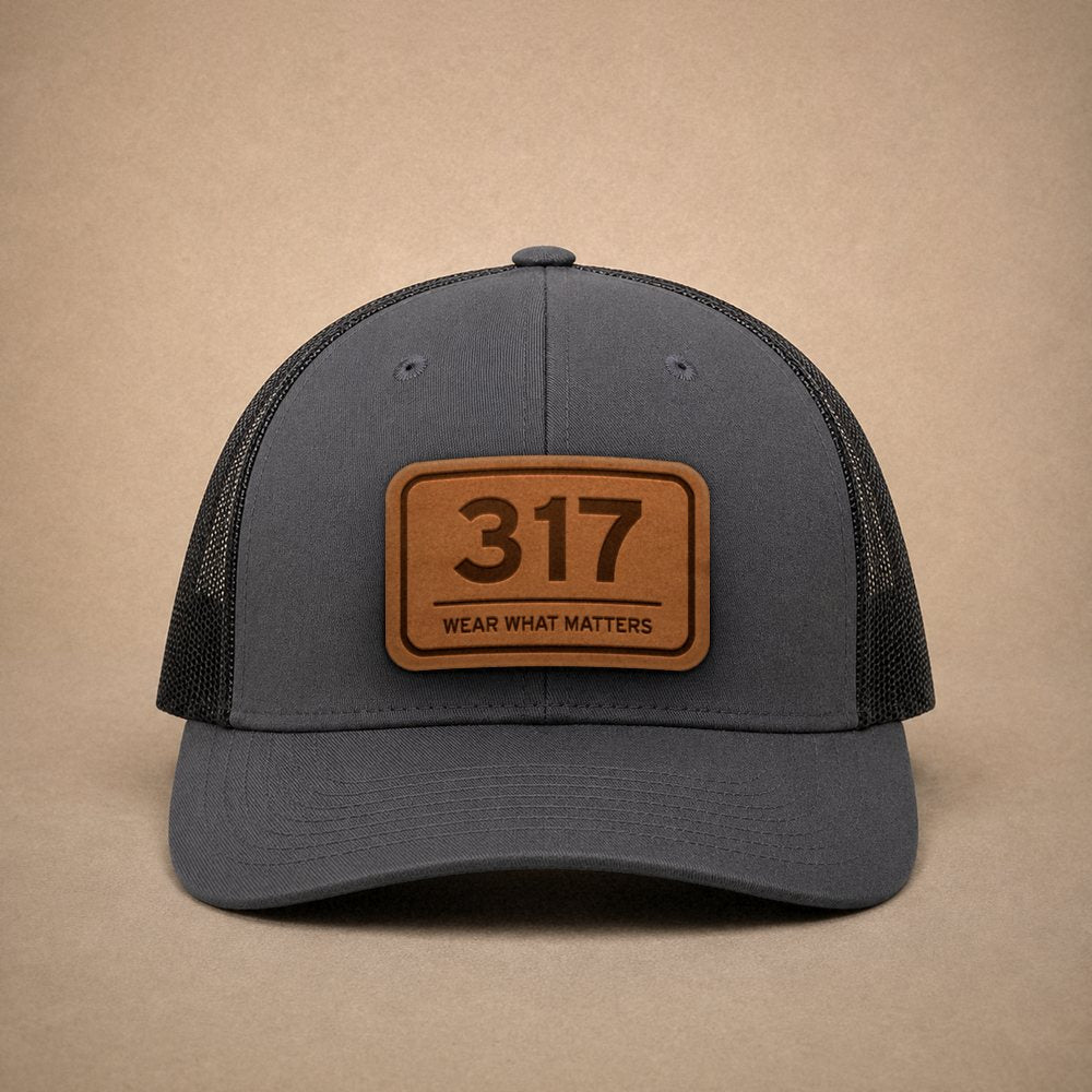 Charcoal Indianapolis hats — Indianapolis 317 Leather Patch Trucker Hat