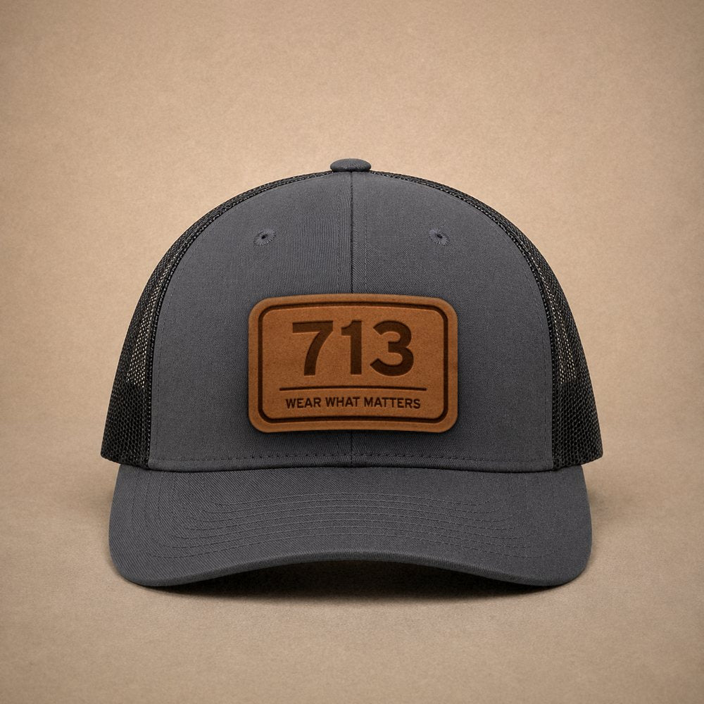 Charcoal Houston hats — Houston 713 Leather Patch Trucker Hat