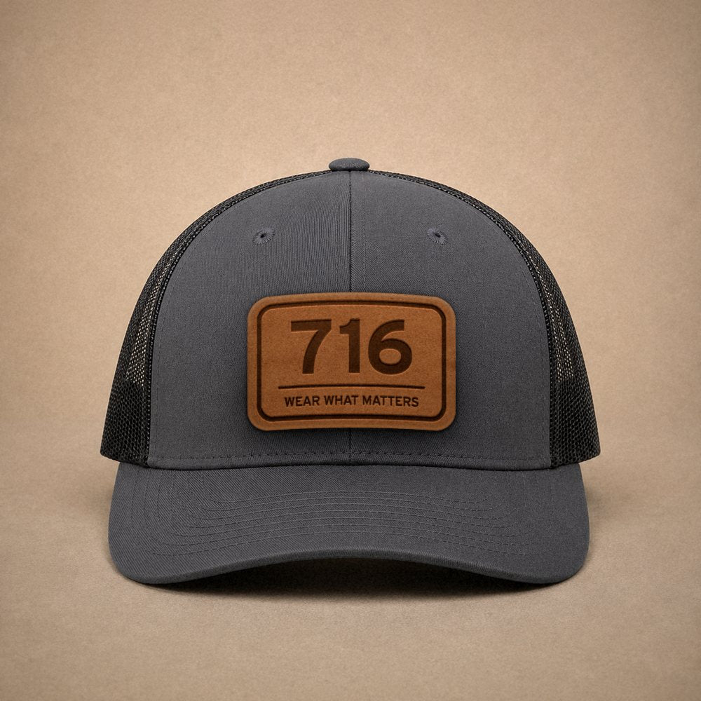 Charcoal Buffalo hats — Buffalo 716 Leather Patch Trucker Hat