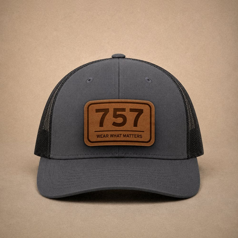Charcoal Norfolk hats — Norfolk 757 Leather Patch Trucker Hat