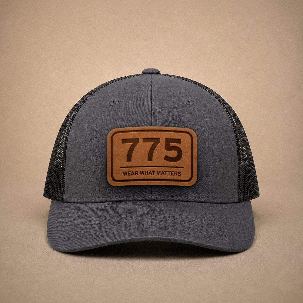 Charcoal Reno hats — Reno 775 Leather Patch Trucker Hat