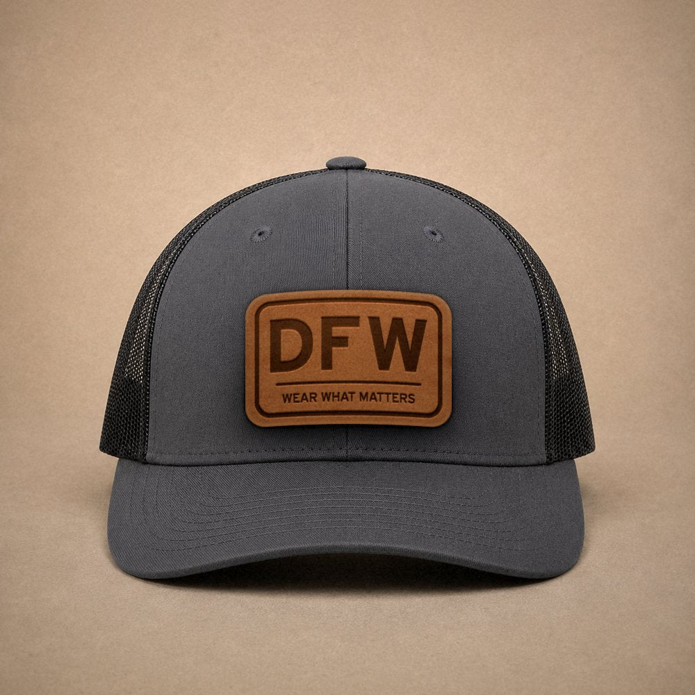 Charcoal Dallas hats — Dallas DFW Leather Patch Trucker Hat