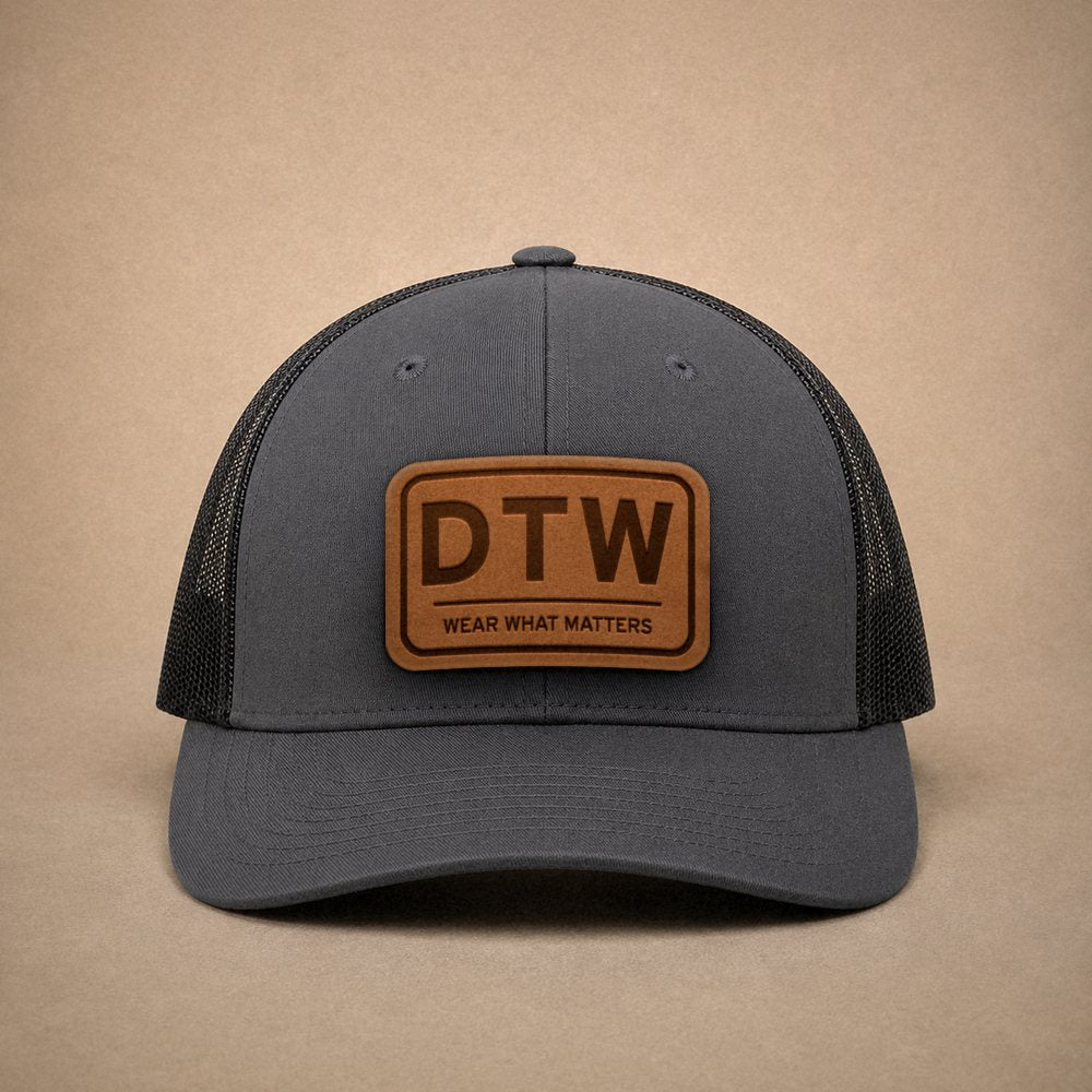 Charcoal Detroit hats — Detroit DTW Leather Patch Trucker Hat