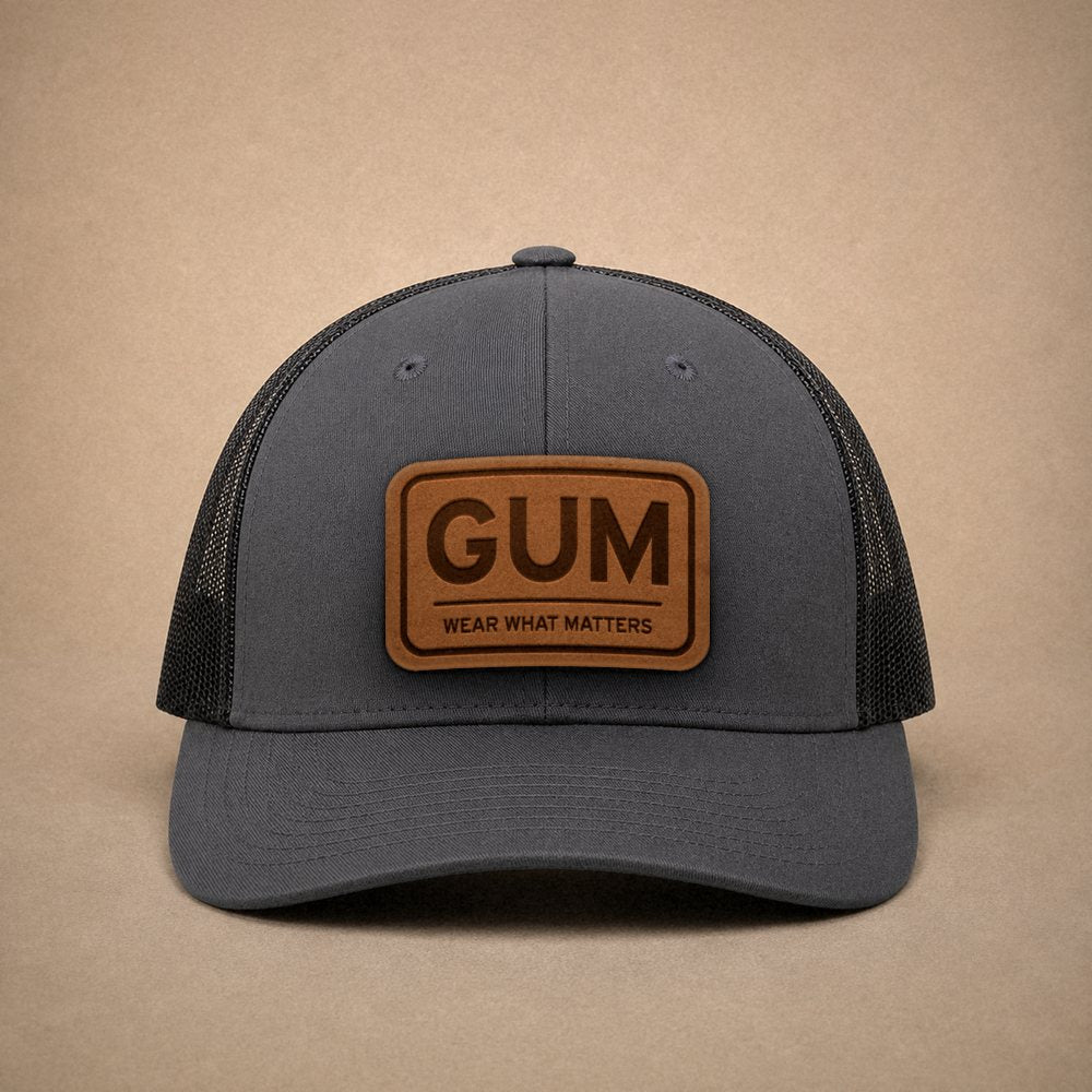 Charcoal Guam hats — Guam GUM Leather Patch Trucker Hat