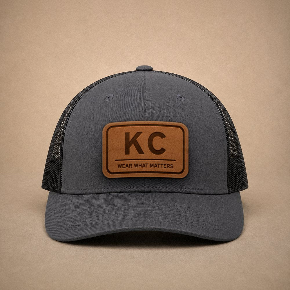 Charcoal Kansas City hats — Kansas City KC Leather Patch Trucker Hat