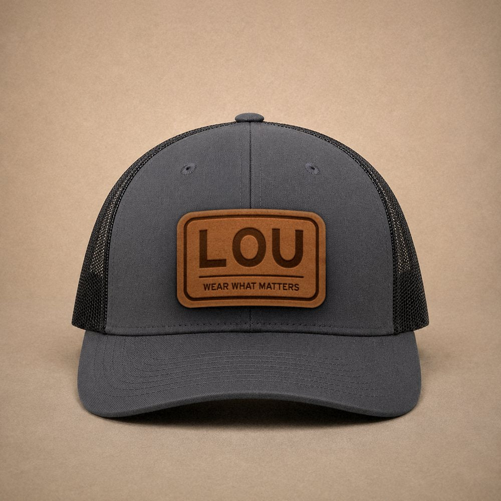 Charcoal Louisville hats — Louisville LOU Leather Patch Trucker Hat