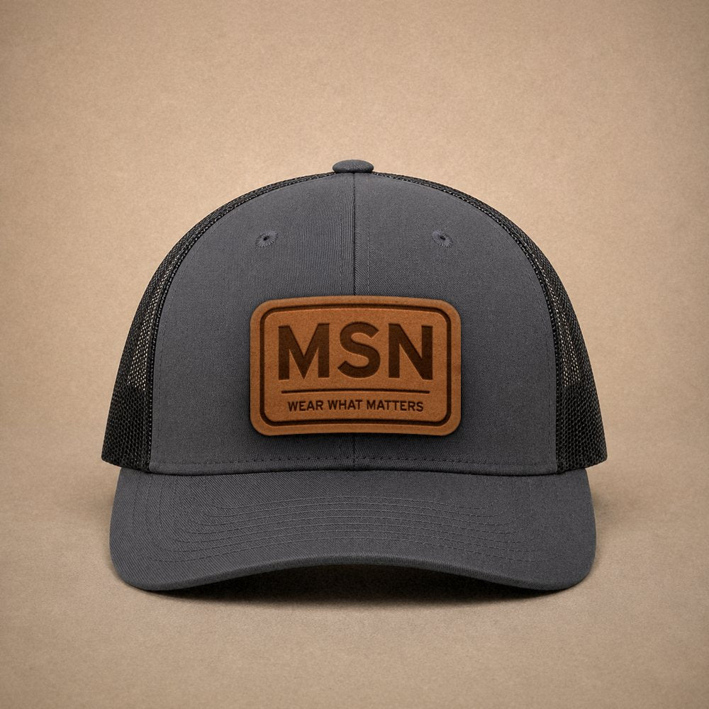 Charcoal Madison hats — Madison MSN Leather Patch Trucker Hat