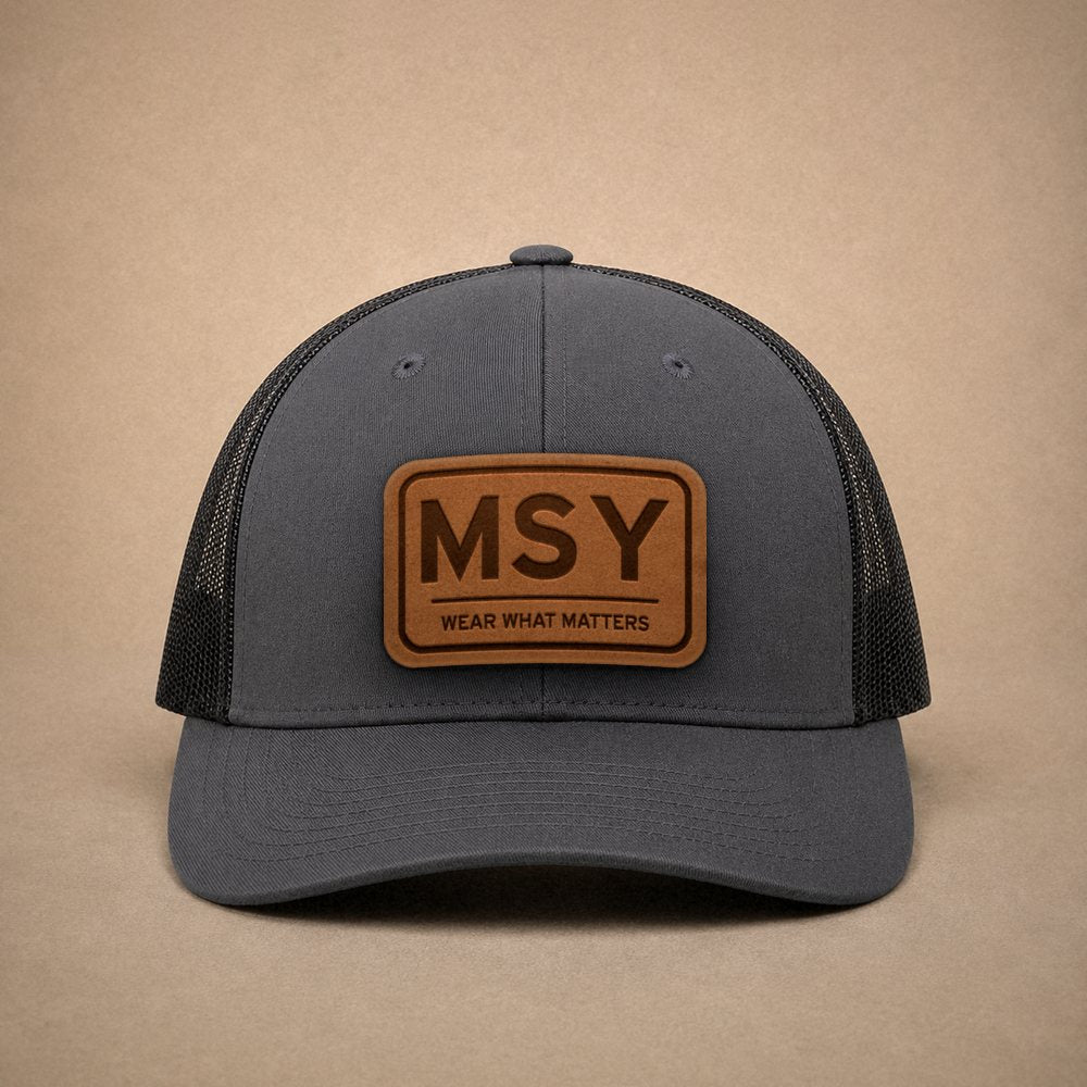 Charcoal New Orleans hats — New Orleans MSY Leather Patch Trucker Hat