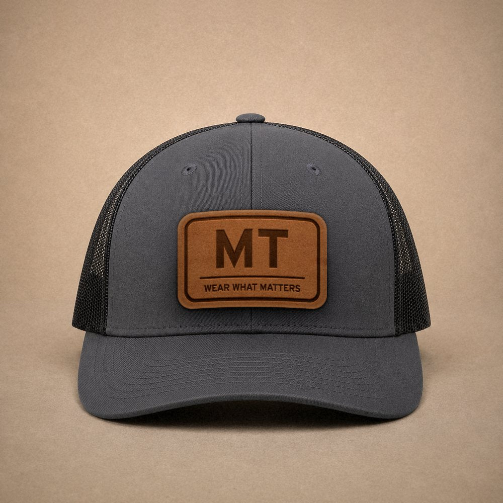 Charcoal Montana hats — Montana MT Leather Patch Trucker Hat