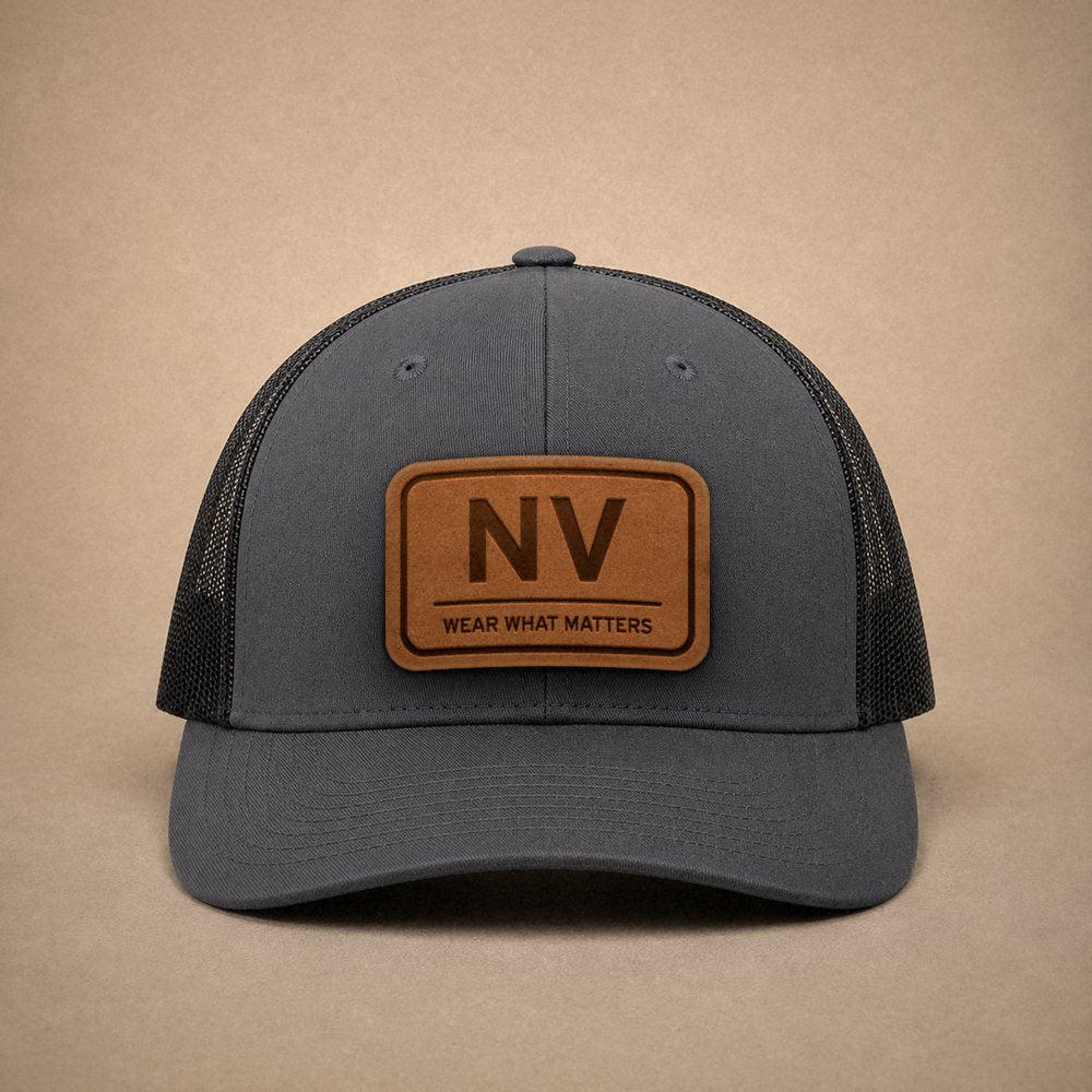 Charcoal Nevada hats — Nevada NV Leather Patch Trucker Hat