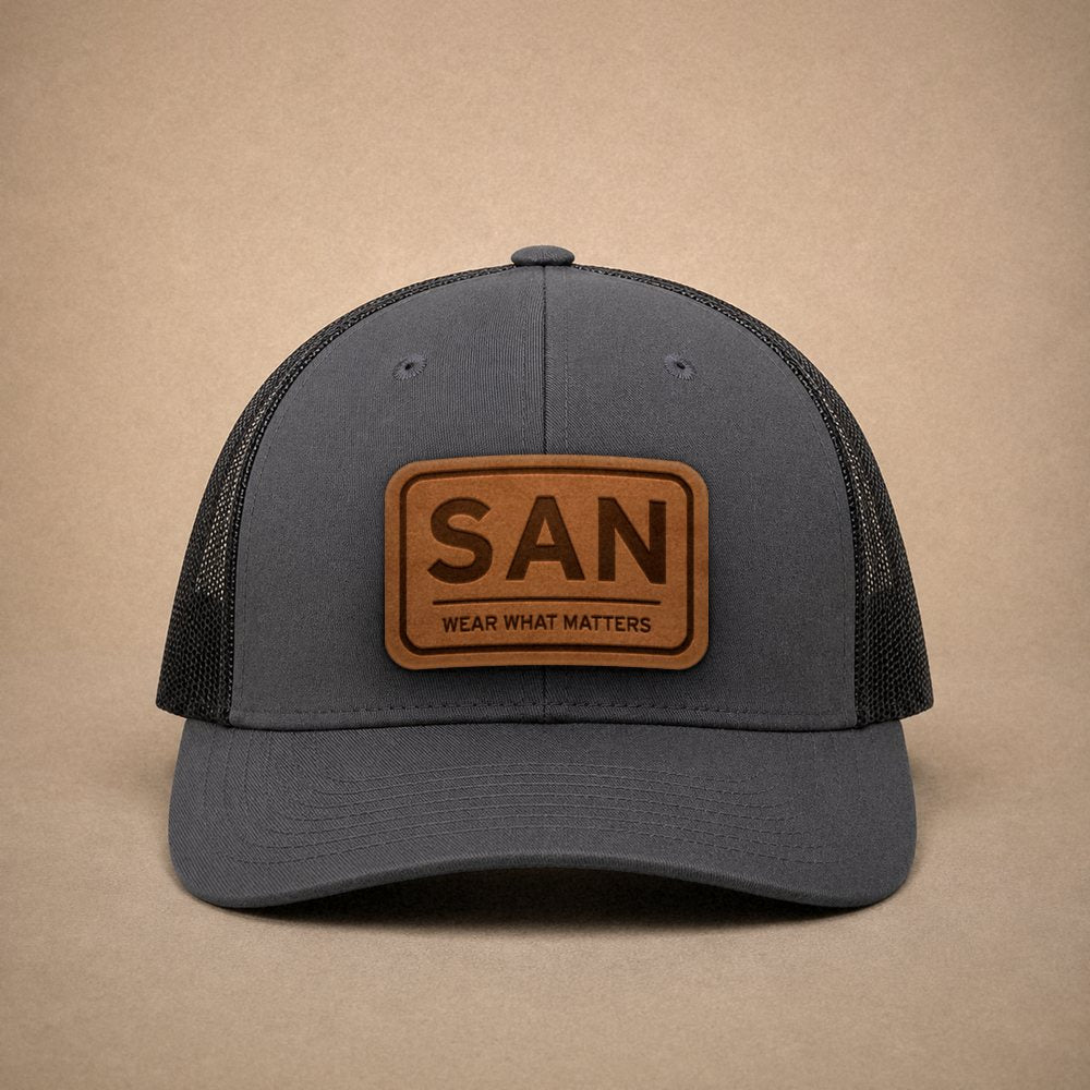 Charcoal San Diego hats — San Diego SAN Leather Patch Trucker Hat