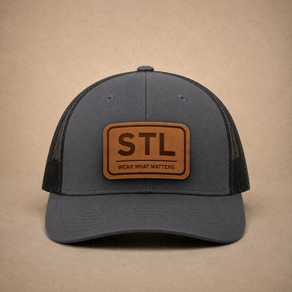 Charcoal St. Louis hats — St. Louis STL Leather Patch Trucker Hat