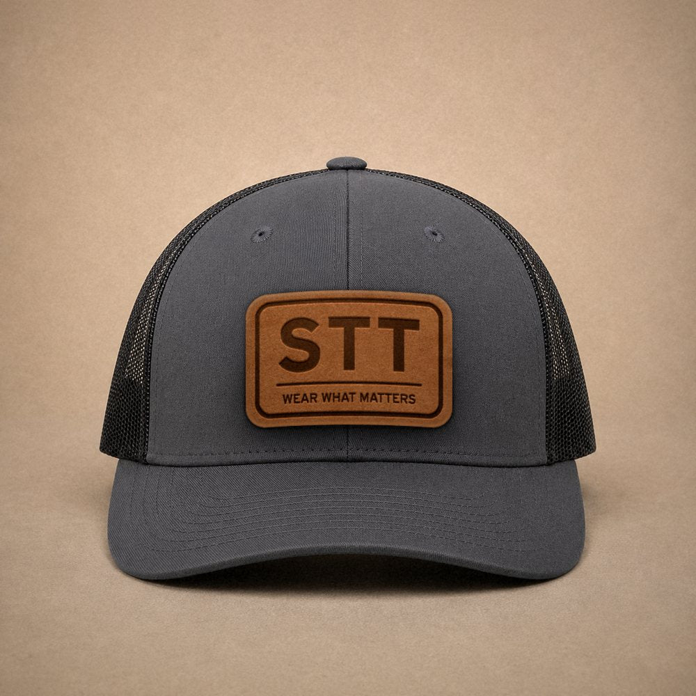 Charcoal St Thomas hats — St Thomas STT Leather Patch Trucker Hat