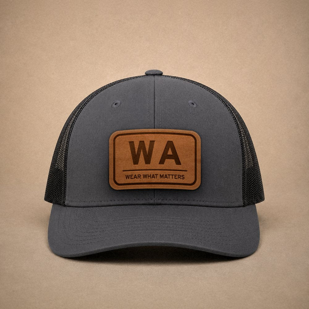 Charcoal Washington hats — Washington WA Leather Patch Trucker Hat