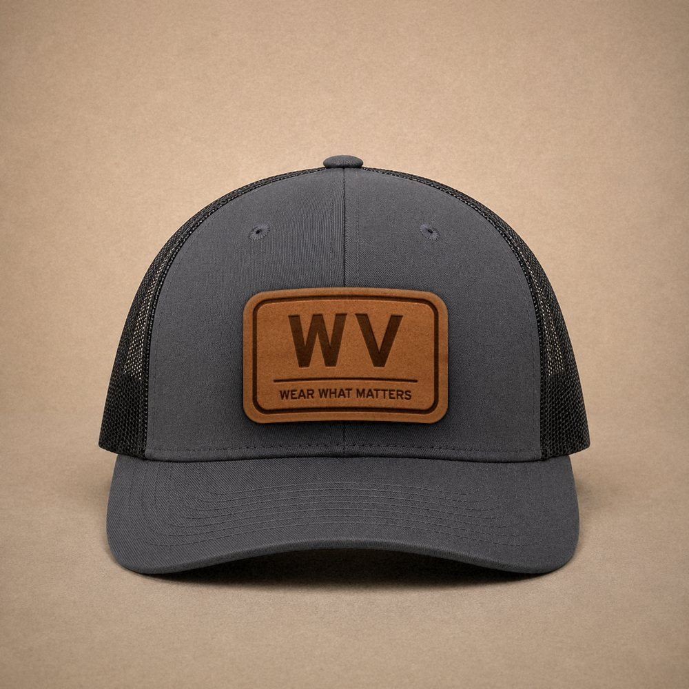 Charcoal West Virginia hats — West Virginia WV Leather Patch Trucker Hat