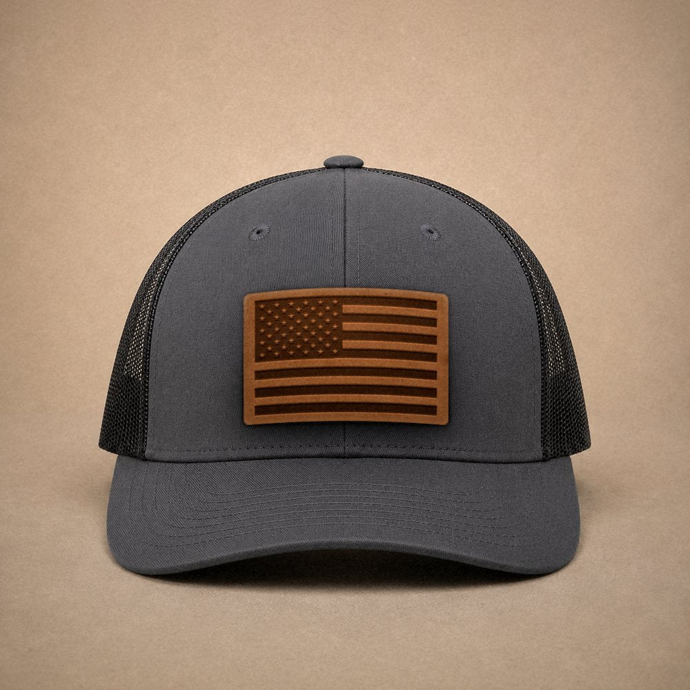 USA Flag Leather Patch Trucker Hat