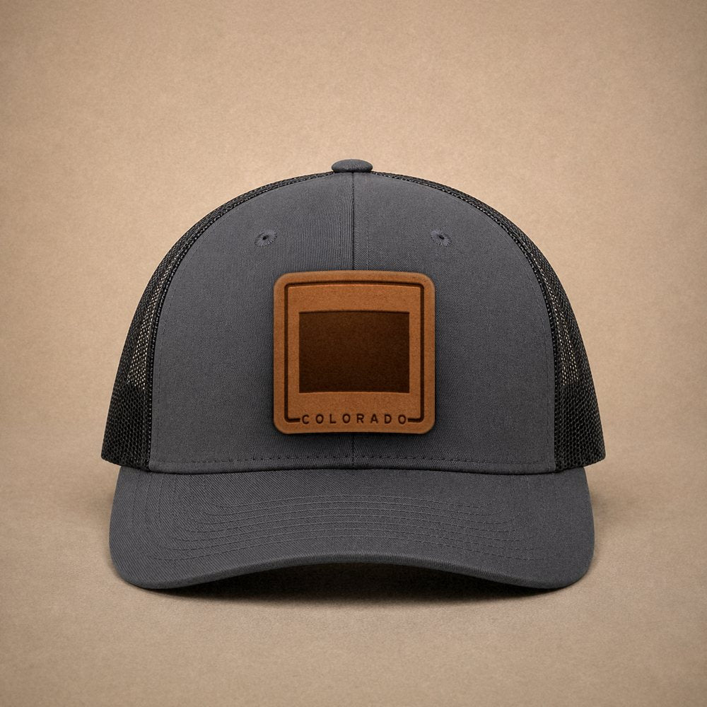 Charcoal Colorado hats — Colorado Outline Leather Patch Trucker Hat