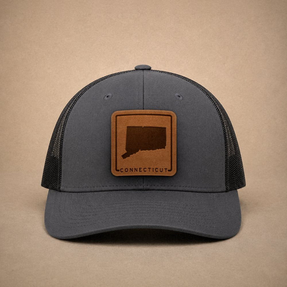 Charcoal Connecticut hats — Connecticut Outline Leather Patch Trucker Hat