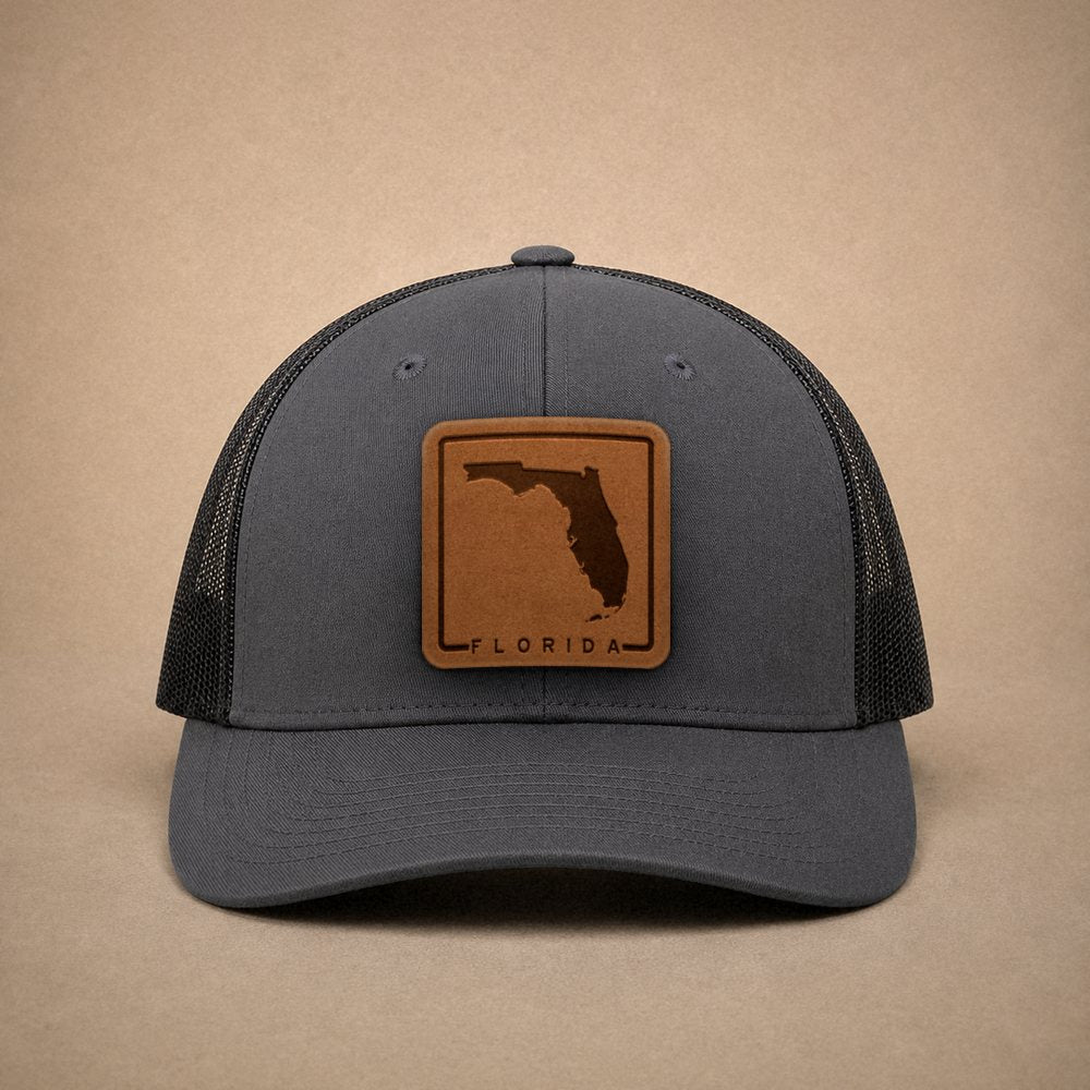Charcoal Florida hats — Florida Outline Leather Patch Trucker Hat
