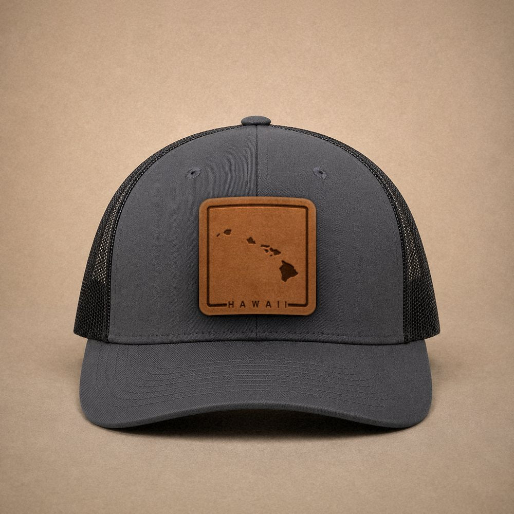 Charcoal Hawaii hats — Hawaii Outline Leather Patch Trucker Hat